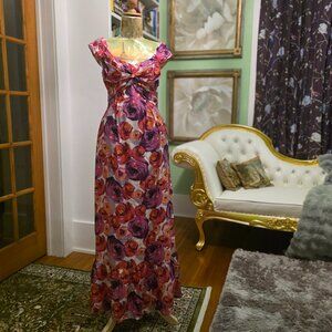 Nanette Lepore Pink Roses Silk Chiffon Crinkle Maxi Dress